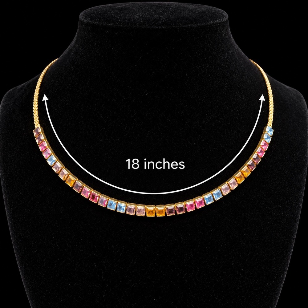 Vtg Gold Tone Rainbow Tennis Necklace 18" Multi Color Emerald Cut Stones